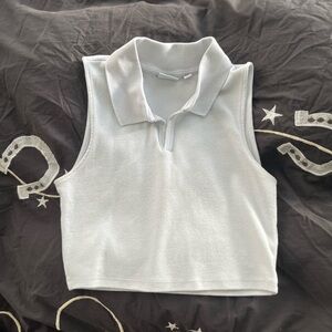 Sunday best light blue tinted white collared crop tank top